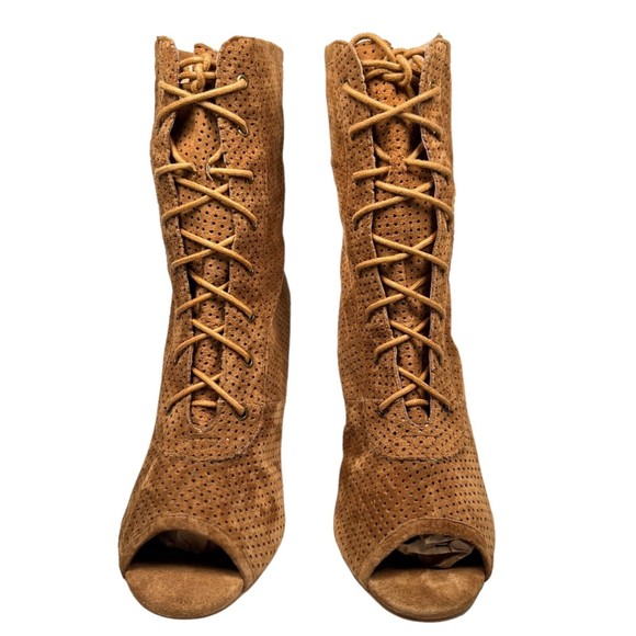 Jeffrey Campbell Women's Sz 9.5 Suede Peep Toe Perforated Lace Up Wedge Bootie - Picture 3 of 11